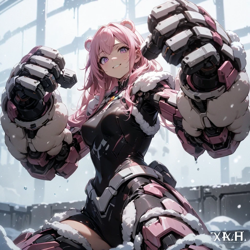 1 girl, full body esbian，sat down，dramatic lighting,Pink Mecha,honey mecha，ホワイトPink Mecha，pink long hair，white long hair，small breasts，clothes fit the body，skin as white as snow， face，The most delicate face，naked thighs，8k wallpaper，master piece，best quality，smile，feet，put your foot on the bear，bear pillow