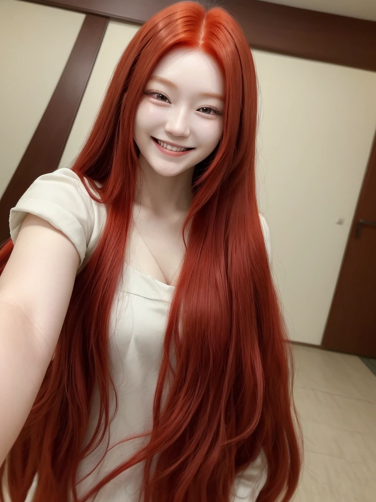 Korean with long red hair, smiling face, Selfie