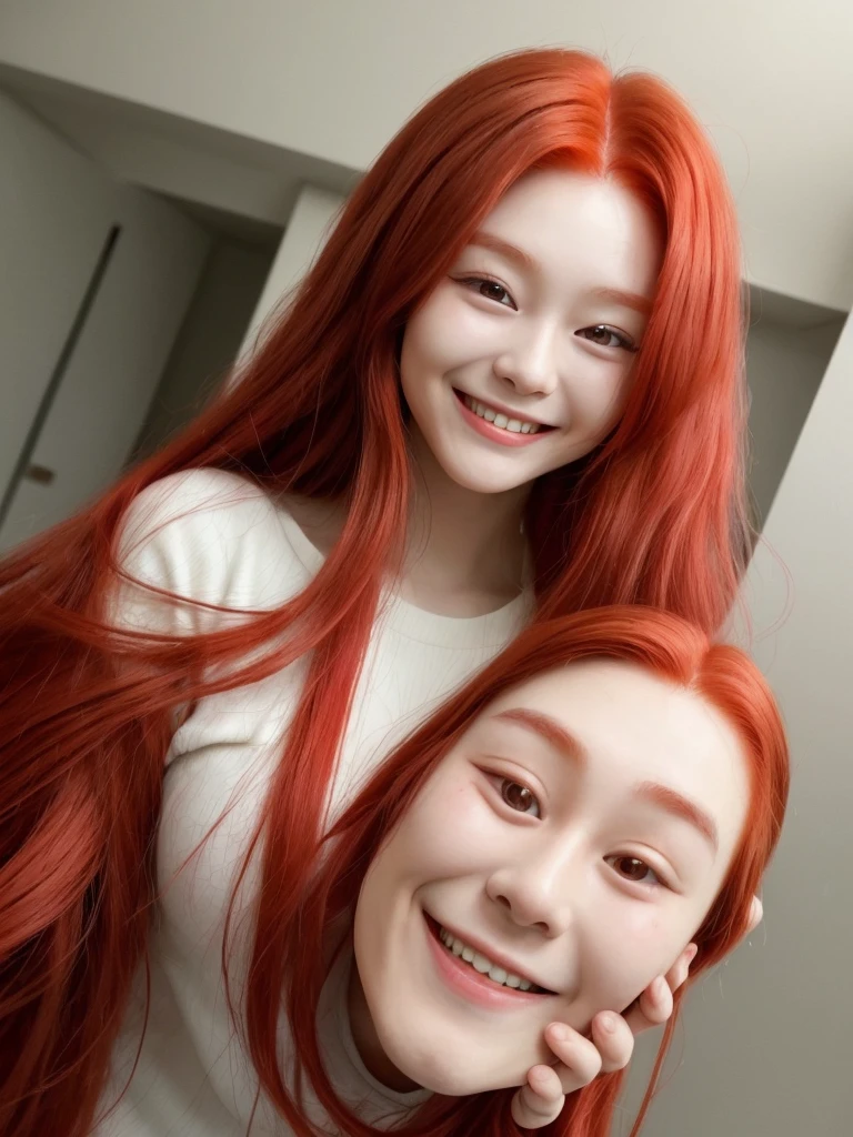 Korean with long red hair, smiling face, Selfie