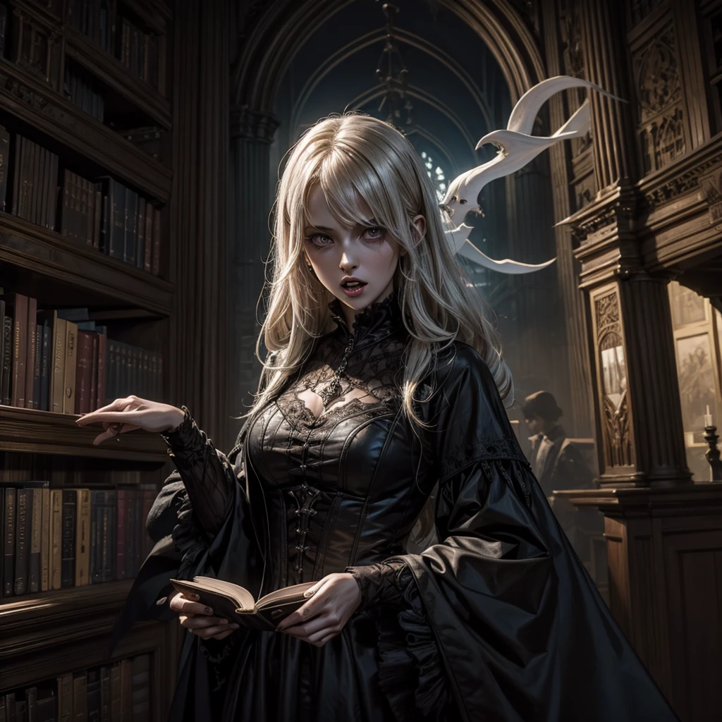 A female ghost inside a gothic library who with an open book in her hand has her mouth open to scream facing the camera, the dark-looking woman is located near a shelf of the library and is raised in the air