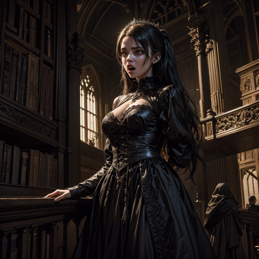 A completely dark female in purple dress with lips sewn shut with no eyes above a mysterious pagan Gothic altar