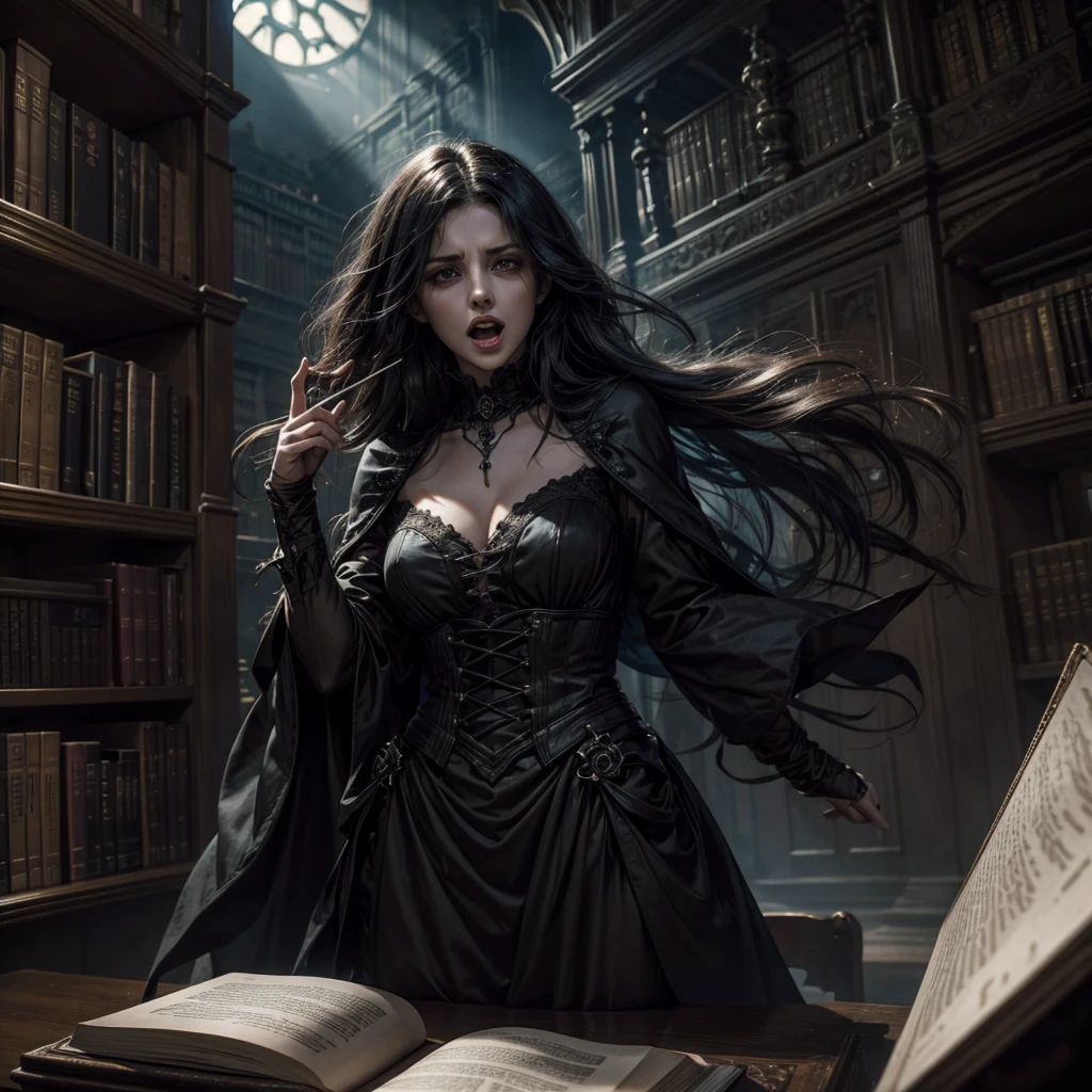 A female ghost inside a gothic library who with an open book in her hand has her mouth open to scream facing the camera, the dark-looking woman is located near a shelf of the library and is raised in the air