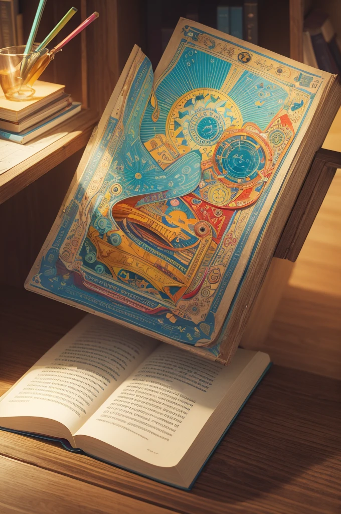 opened book, colorful illustrations, science, history, tecnology, artistry, educational symbols, creativity