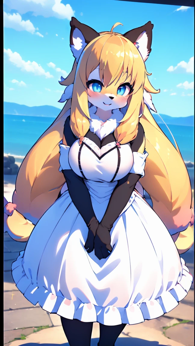 ((Furry ear:1.3)),((Little:2.5)),(White dress and frills:1.5),((very large bust size:1.8)),(Fluffy tail:1.5),(Skirt unfolds:1.5),(Pop Art:1.8),(Chubby:1.5),((looking at the camera:1.5)),(Furry foot:1.5),(Sparkling deep blue big eyes:1.7),(Round eyebrows:1.5),(Fisheye Lens:1.5),(Laughing with your mouth open:1.5),((on a hill overlooking the lake:1.5)),(Wolf's tail),((Long Hair:1.7)),Furry,(Large black ribbon:1.5),(Gorgeous medieval fantasy costume:1.5),(Highest quality,4K,8K,High resolution,masterpiece:1.2), Very detailed, (Realistic,Realistic,Realistic:1.37), High resolution, 超High resolution, studio lightning, ultra-fine goodinting, Sharp focus, Physically based rendering, extrine detail description, Professional, Bright colors, Bokeh, (in) you bring, landscape, photograph, Concept Artist (style), (and) vibrant color goodlette, (good) soft lighting. jewelry，(露出した胸and性器:2.5)，(男性and性行為をする:2.5)