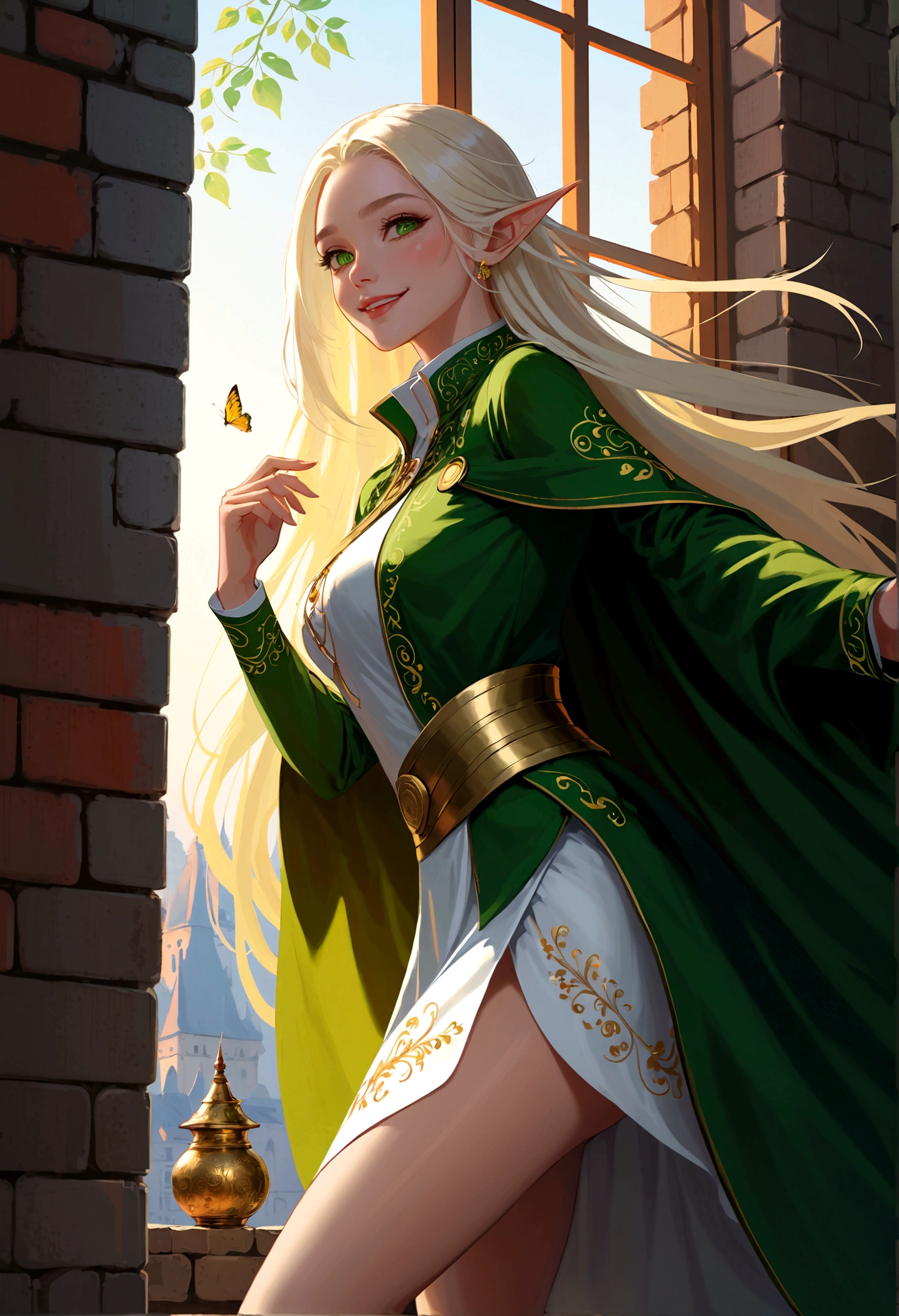 (((masterpiece, best quality, HD, High Detail)))), (((fantasy))), ((Walled City)), ((Inside the hostel)), (sit on the chair，Looking out the window))), ((People walking through the city)), one, Elf Woman, White skirt，Embroidered with gold, Long straight blond hair, Dark green eyes, Green coat embroidered with gold thread, Smile, Large target, (breeze) , There are many light particles floating in the room