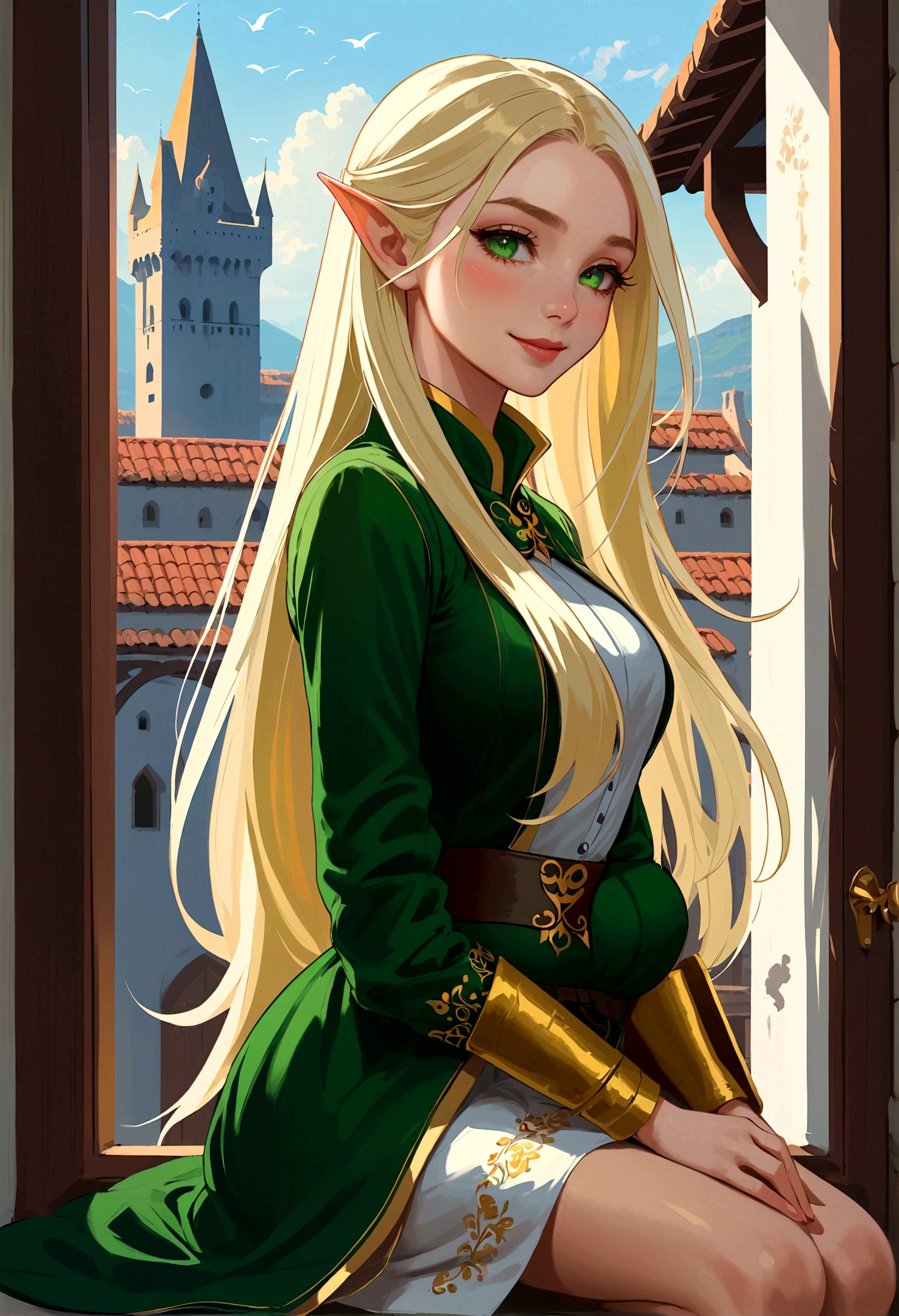 (((masterpiece, best quality, HD, High Detail)))), (((fantasy))), ((Walled City)), ((Inside the hostel)), (sit on the chair,Looking out the window))), ((People walking through the city)), one, Elf Woman, White skirt,Embroidered with gold, Long straight blond hair, Dark green eyes, Green coat embroidered with gold thread, Smile, Large target, (breeze) , There are many light particles floating in the room