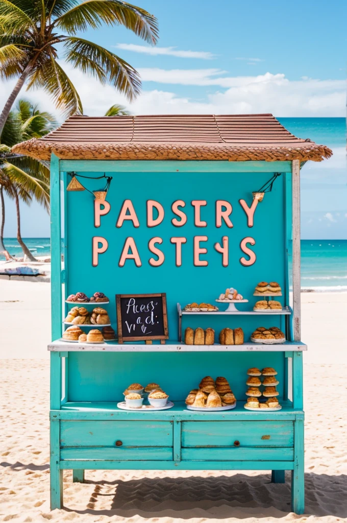 A mini pastry stand with a sign that says "Pastries Ña Vane" located on a beach
