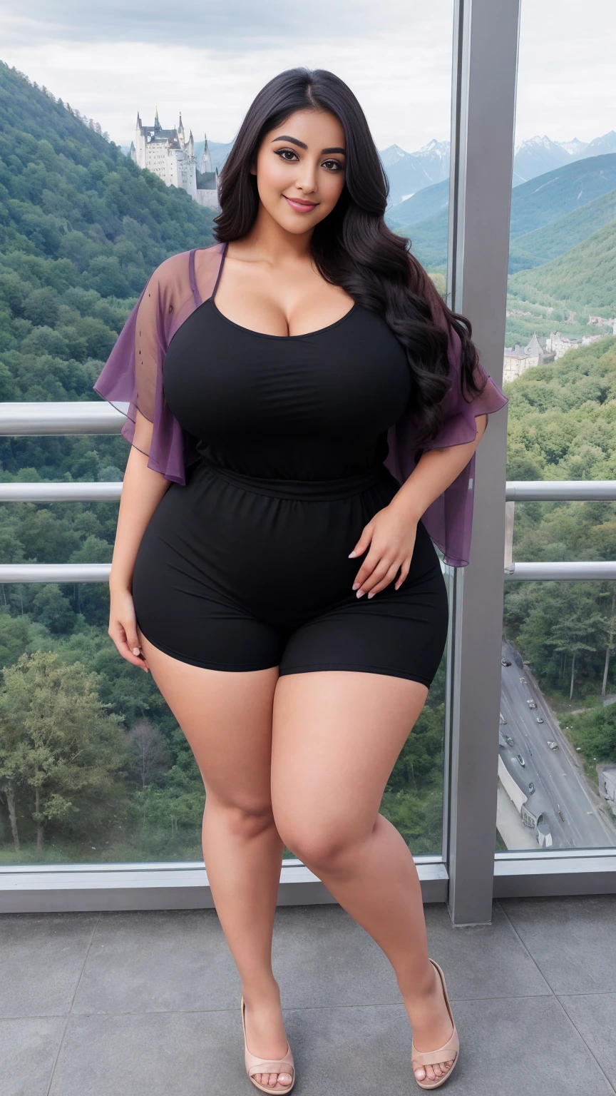 monali thakur Indian beautiful actress curvy plus size hour glass bulky huge figure woman, closeup camera view, big huge m-cup breast, SHEIN Essnce Plus Size Women's Summer Solid Color Overlap V-Neck Batwing Short Sleeve Jumpsuit With Wide Leg For Casual
Color: Mauve Purple , covered Bust , elegant standing position, eye contact view, different style hairstyle, bright eyes, thin eyebrows, fair skin, blushing cheeks, prefect head to toe view, full body, and expansive views, ideal for high-fashion or editorial shoots, ultra realistic skin texture, head to toe view, full body shot, full body view, smile face, black hair, Indian face, perfect skin tone light, ultra realistic skin texture, bigger waist, busty, big hips, fleshy thighs, thick thighs, busty, full body view, Neuschwanstein Castle, Germany: Fairy tale castle set in a mountainous landscape.