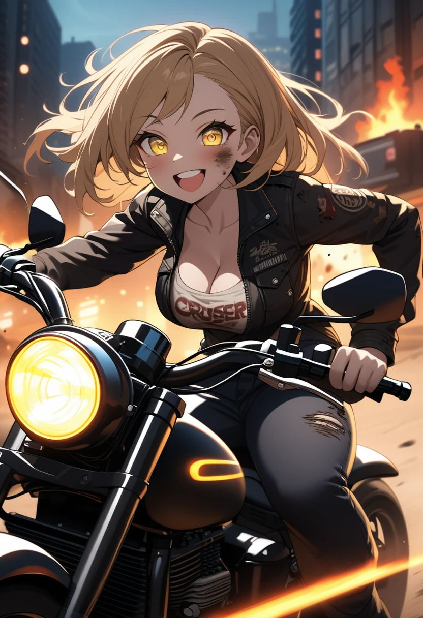 Golden hair, golden eyes, woman, cruiser motorcycle, big chest, motorcycle goggles, happy, big smile, dirty, burning city at night, zombie apocalypse, black streetwear, speeding, highly detailed, perfect eyes, perfect hands, highly detailed eyes