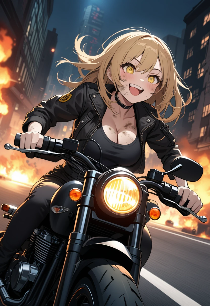 Golden hair, golden eyes, woman, cruiser motorcycle, big chest, motorcycle goggles, happy, big smile, dirty, burning city at night, zombie apocalypse, black streetwear, speeding, highly detailed, perfect eyes, perfect hands, highly detailed eyes