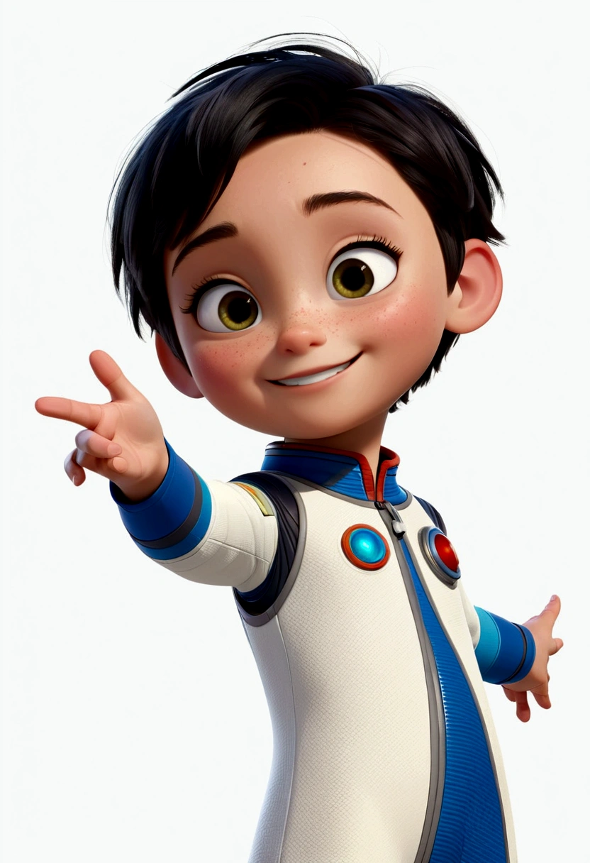 a happy and cute boy with short hair, wearing a space costume, , White background, the , tom, Pixar-style, ..3d, Cartoon s, face detailed, asymmetric 16k