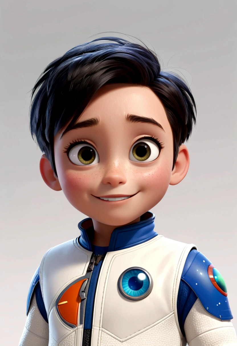 a happy and cute boy with short hair, wearing a space costume, , White background, the , tom, Pixar-style, ..3d, Cartoon s, face detailed, asymmetric 16k