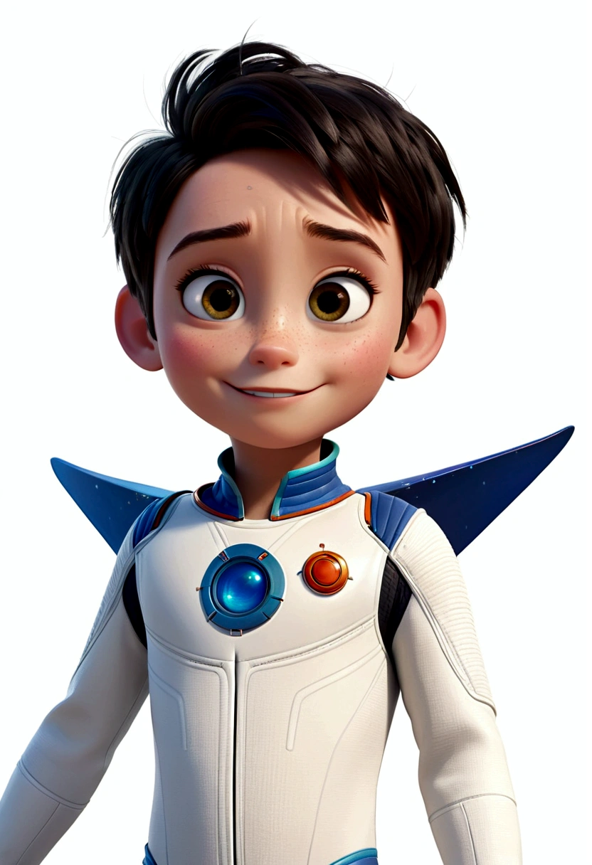 a happy and cute boy with short hair, wearing a space costume, , White background, the , tom, Pixar-style, ..3d, Cartoon s, face detailed, asymmetric 16k