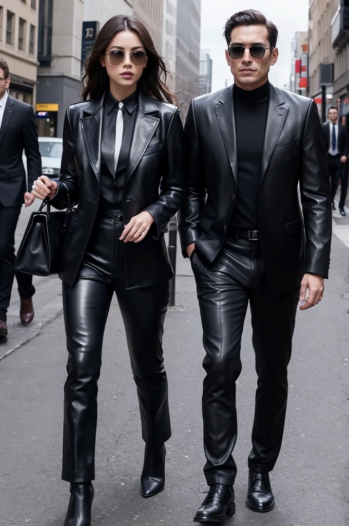 Two men in black leather suits fuck one woman