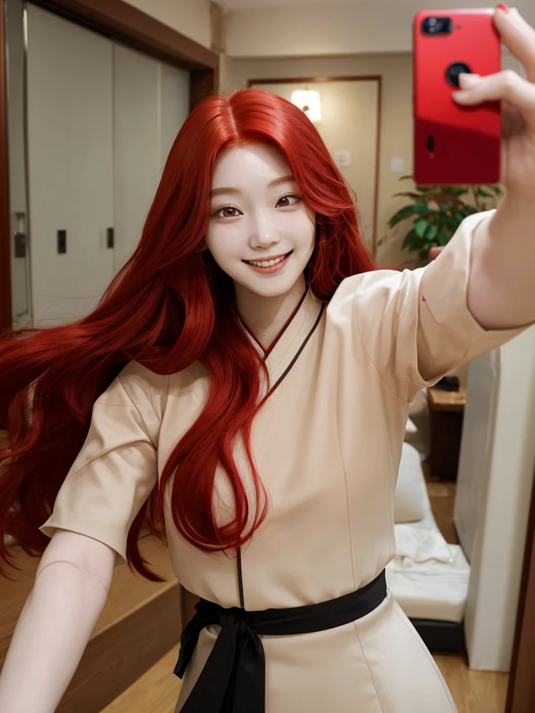  Korean with long red hair, smiling face, Selfie 