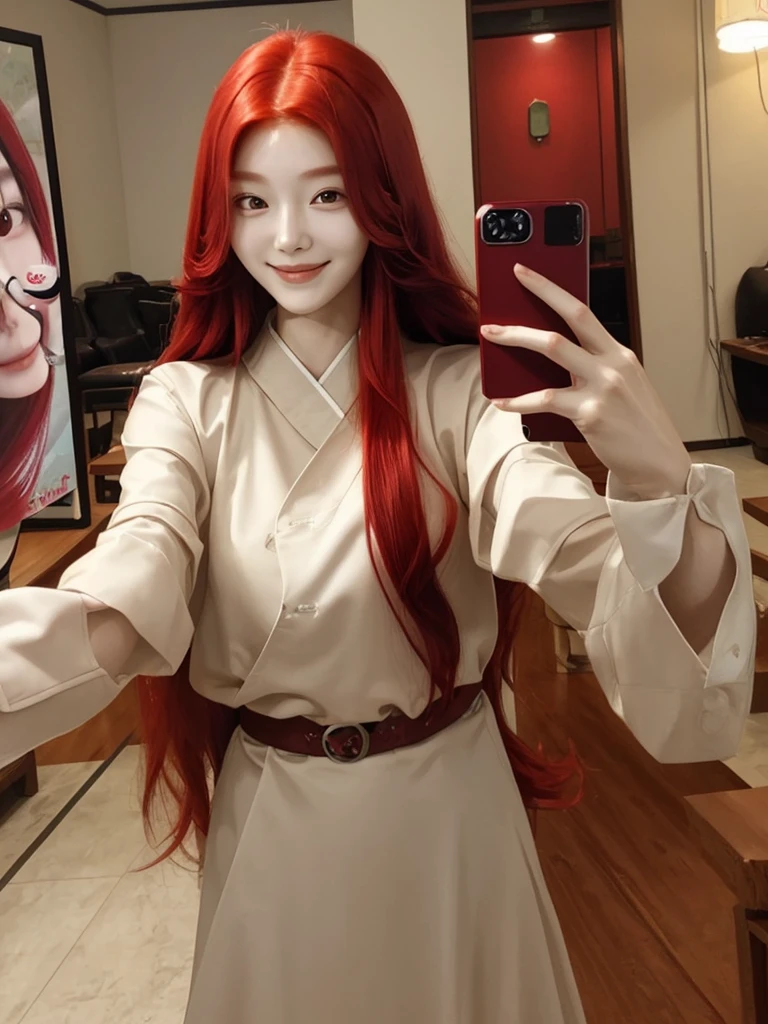 Korean with long red hair, smiling face, Selfie
