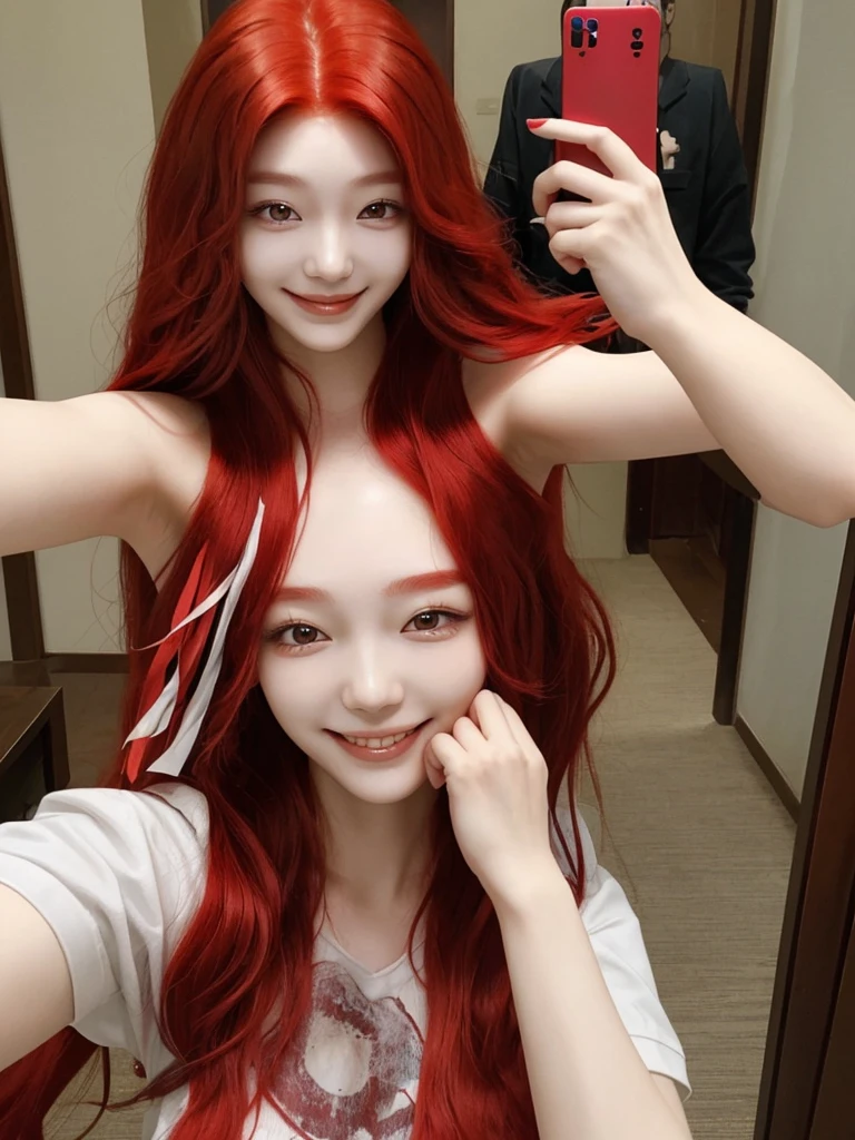 Korean with long red hair, smiling face, Selfie
