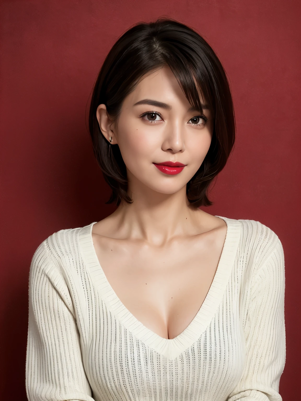 Tabletop, Highest quality, Realistic, Very detailed, finely, High resolution, 8k wallpaper, RAW Photos, Professional, High level of detail, 1 Girl, (((Black and white photography))), (((Red lips))), ((Looking into the camera)), (((Look forward))), Upper Body, short hair, Bob Hair, (Straight hair), Shapely breasts, Cleavage, V-neck light knit sweater