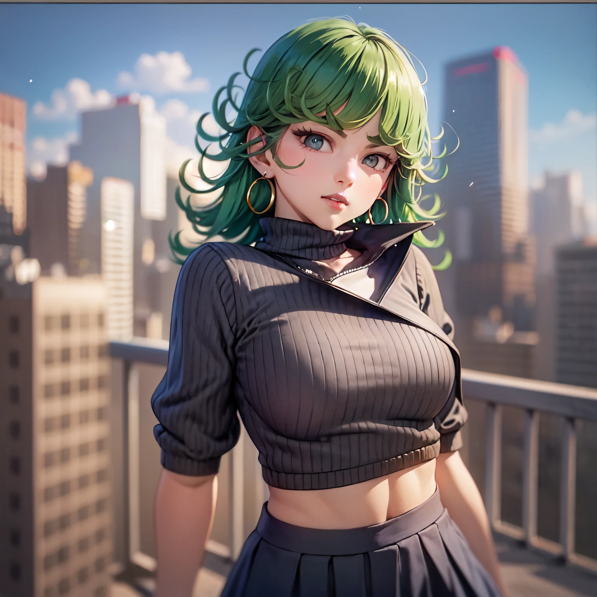 (masterpiece, best quality, detailed), 1girl, solo, cowboy shot, tatsumaki, outdoors, rooftop, day, cityscape, blue sky, cloud, scenery, railing, closed mouth,
turtleneck sweater, earrings, midriff, groin, skirt