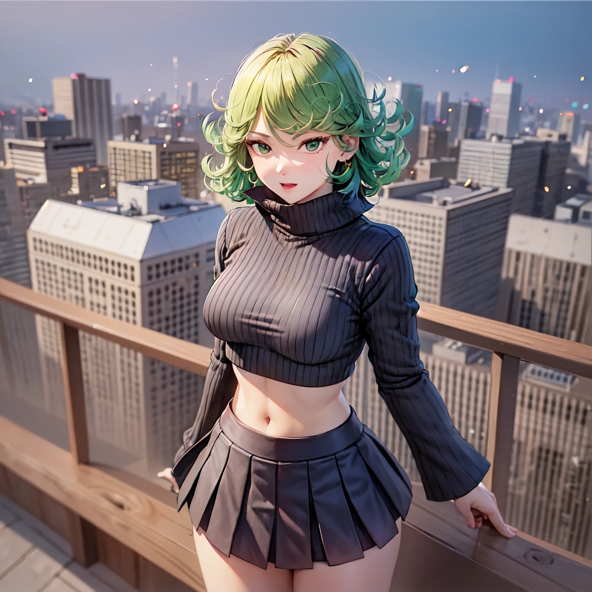 (masterpiece, best quality, detailed), 1girl, solo, cowboy shot, tatsumaki, outdoors, rooftop, day, cityscape, blue sky, cloud, scenery, railing, closed mouth,
turtleneck sweater, earrings, midriff, groin, skirt