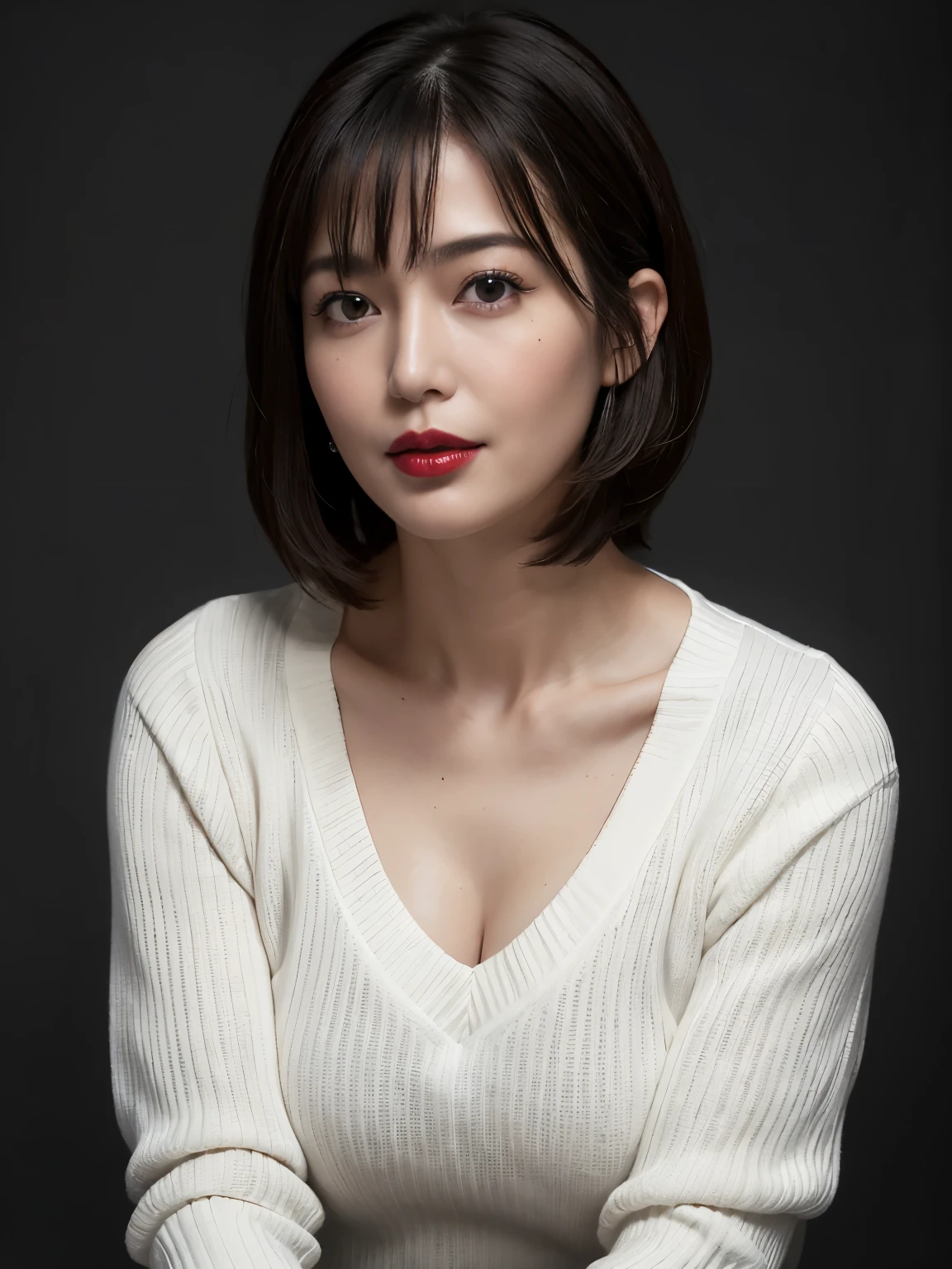 Tabletop, Highest quality, Realistic, Very detailed, finely, High resolution, 8k wallpaper, RAW Photos, Professional, High level of detail, 1 girl, ((((Black and white photography)))), (((Red lips))), ((Looking into the camera)), (((A slight smile))), Upper Body, short hair, Bob Hair, (Straight hair), Shapely breasts, Cleavage, V-neck light knit sweater