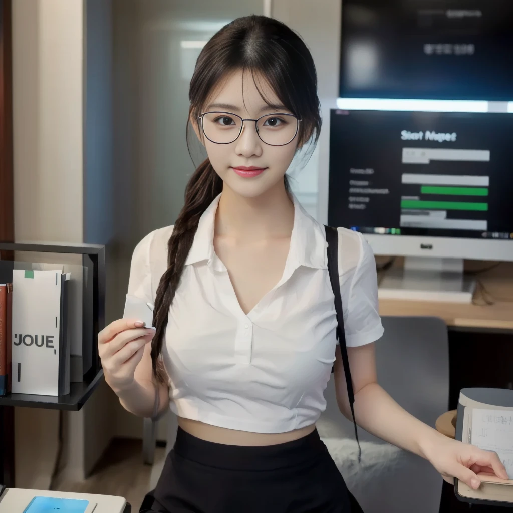 there is a woman in a white shirt and black skirt holding a cell phone, with glasses, a hyperrealistic , korean girl, hyperrealistic , nerdy, with glasses on, realistic , young and cute girl, nerdy appearance, gorgeous young korean woman, cyber school girl, with square glasses, attractive pose, wearing in shirt