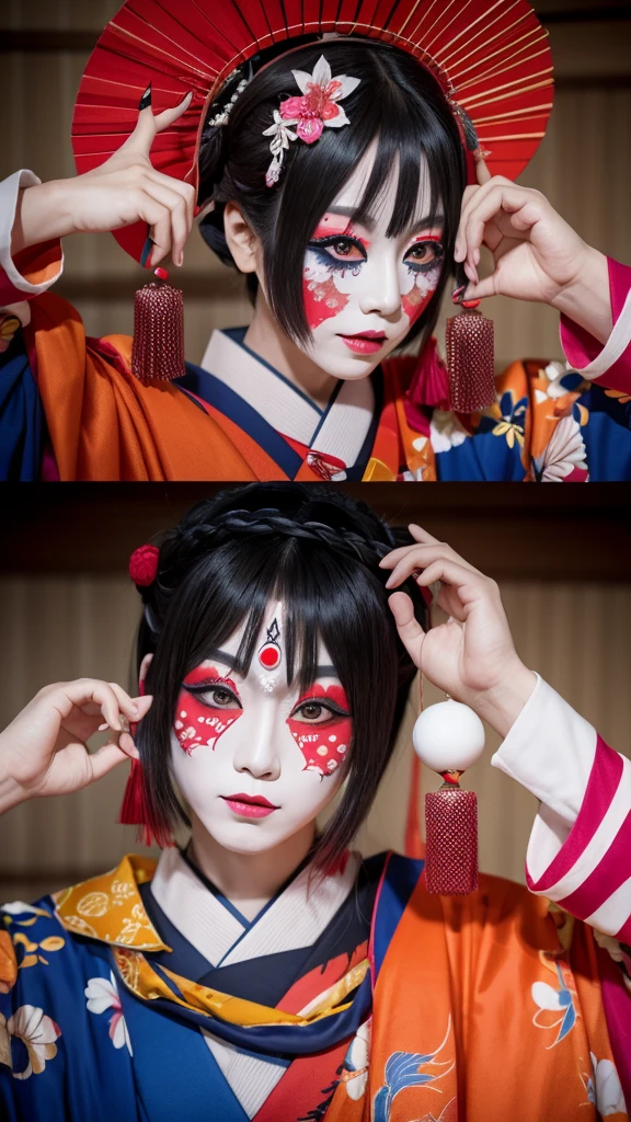japanese kabuki、Played by a man、eccentric makeup、Jinhaori、Please express your pose etc. In 4K