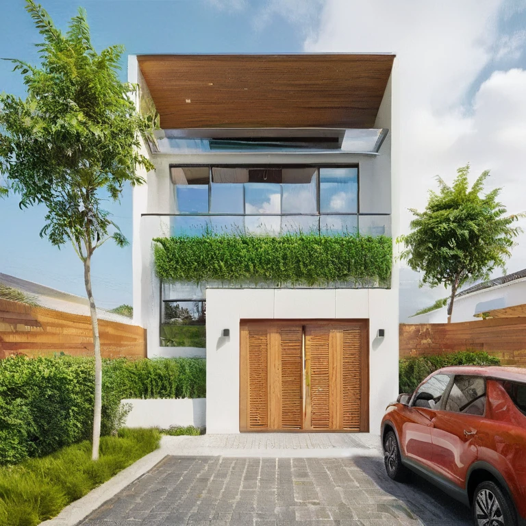 exterior house, contemporary style, white wall, wood wall, wood door, glass window, (realistic:1.2), Masterpiece, high quality, best quality, authentic, super detail, outdoors,road,pavement, grass, trees, sky, cloud, (daylight:1.1)