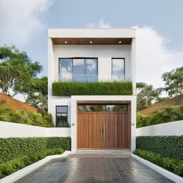 exterior house, contemporary style, white wall, wood wall, wood door, glass window, (realistic:1.2), Masterpiece, high quality, best quality, authentic, super detail, outdoors,road,pavement, grass, trees, sky, cloud, (daylight:1.1)
