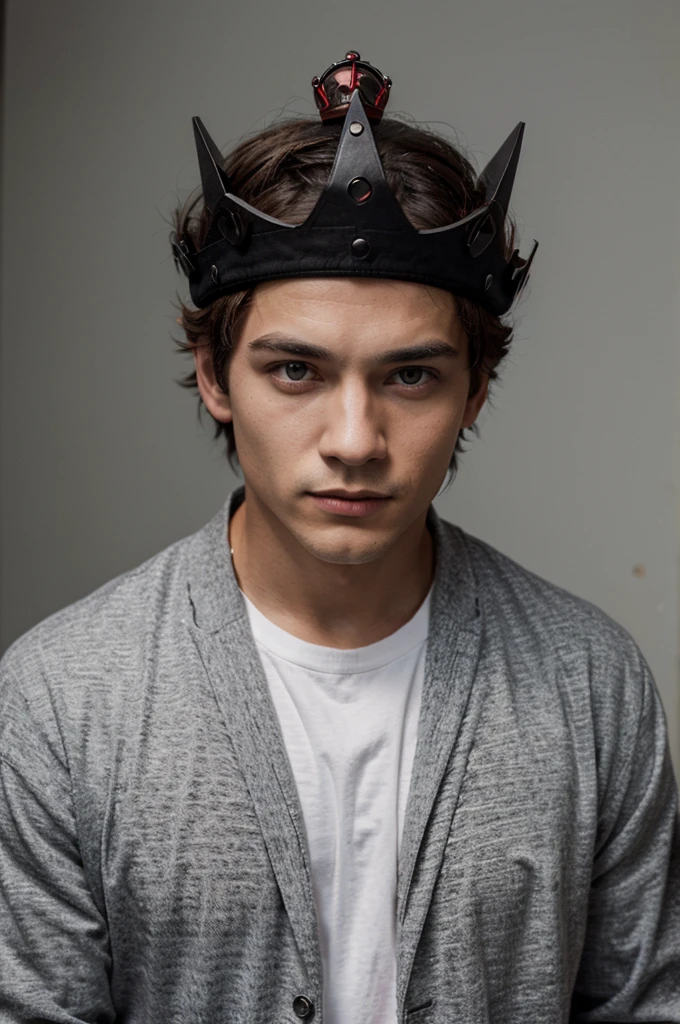 cool and cool guy, wears a crown on his head and has red eyes, being fashionable, wearing a black and white jacket very cool