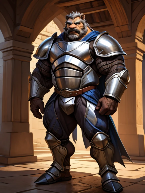 burly virile hairy werelion, in a suit of armor, a himbo muscle daddy, middle-aged dilf, hirsute, overmuscular and musclebound, bulging veiny muscles, a warrior's build, a bodybuilder's physique, long bushy and a thick mustache, a square jaw, handsome and dreamy, grey hair, a knight clad in full armor