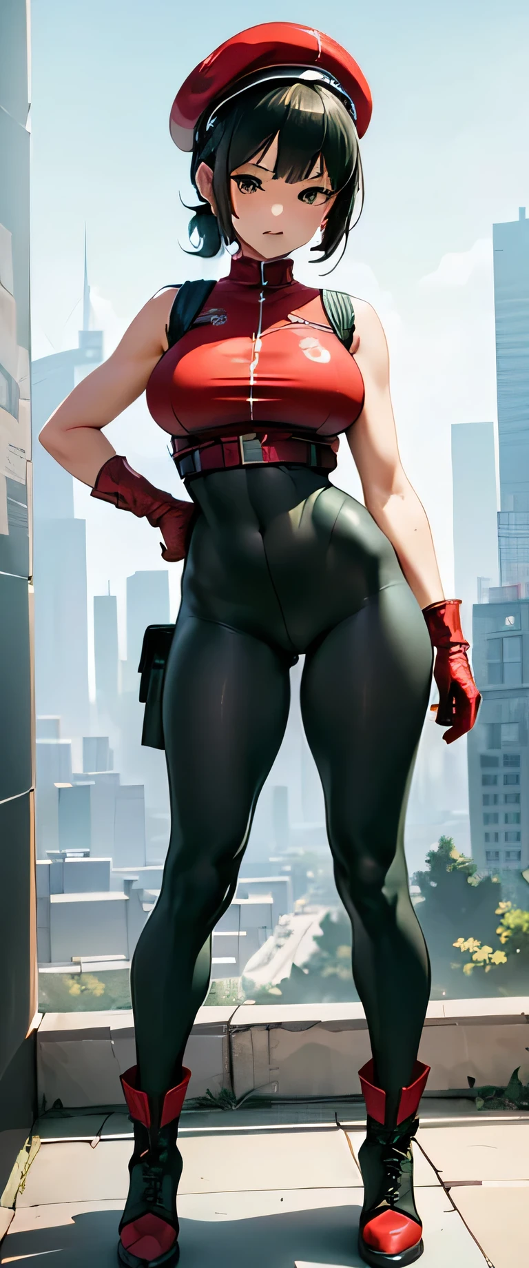 ((extremely detailed illustration)), highres, ((extremely detailed and beautiful background)), (professional illustrasion), (official art), ((Ultra-precise depiction)), ((Ultra-detailed depiction)), (beautiful:1.2 and aesthetic:1.2), beautiful detailed, intricate:1.1, nice hands, perfect hands, zentangle, 
(young girl), ((kawaii)), baby face, (highly detailed beautiful face and eyes, , firm ), oily skin, ((black hair)), ((black eyes)), ((bob with (short ponytail hair))), thin pubic hair, cute lovely, (cheerful disposition), 
((simple clothes)), (((green:1.3) (highleg:1.3) )), ((sleeveless:1.3)), (((red:1.1) combat gloves:1.1)), (combat boots:1.2), ((red beret:1.2)), (( legs:1.3)), 
A panoramic view from a high-rise building capturing the modern architecture, skyscrapers, bustling streets, and a network of roads with vehicles.,