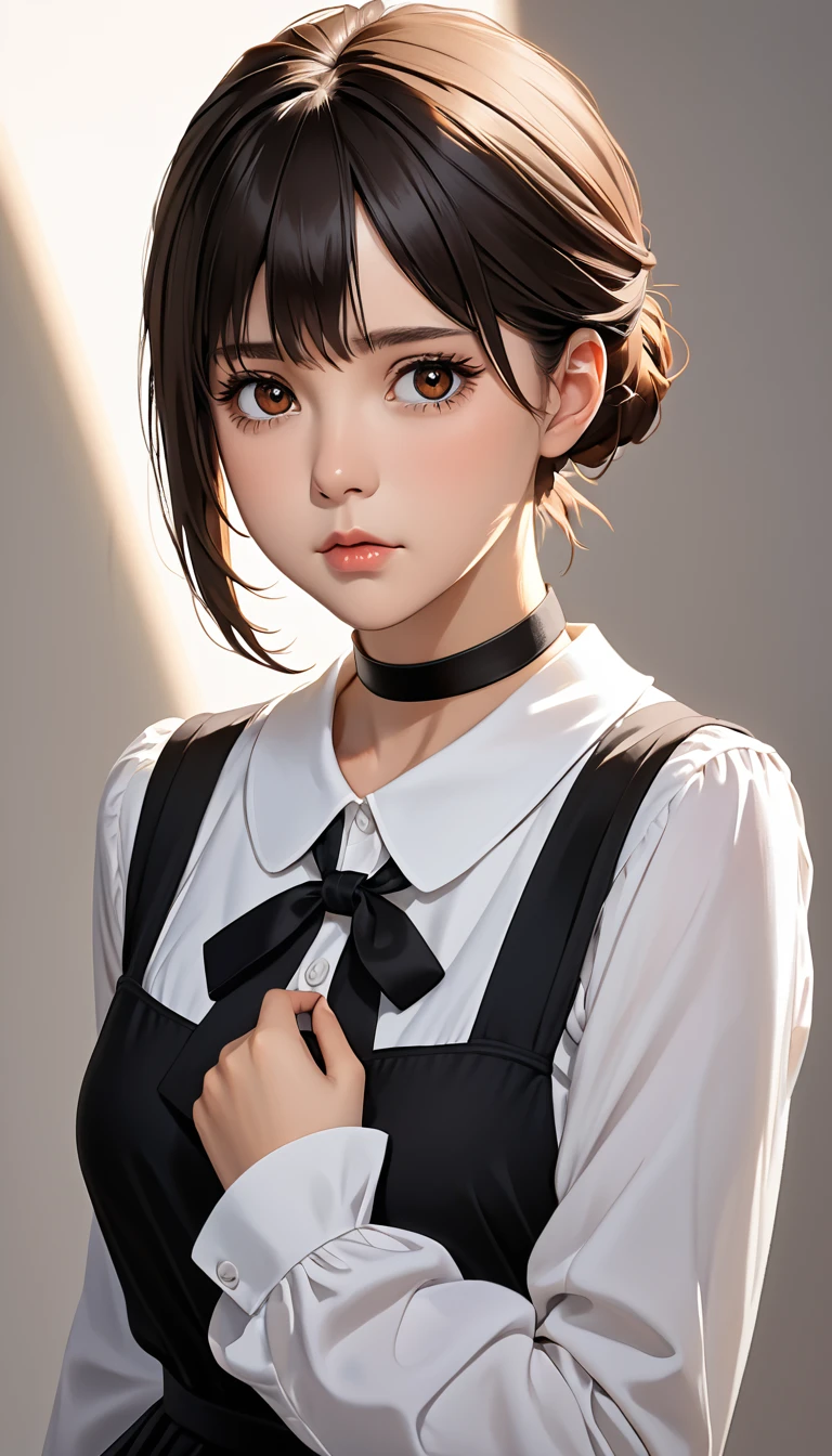 (（（Perfect body,White and tender skin,（（（black dress, pinafore dress, sleeveless dress, white shirt, black ribbon, neck ribbon, long sleeves, black choker，）））,（（（Kobeni Higashiyama, black hair, hair ornament, hairclip, ponytail, short hair, (brown eyes:1.5),）））,((masterpiece)),highres,((Best quality at best)),masterpiece,quality,Best quality,(（（ Exquisite facial features,Looking at the audience,There is light in the eyes,(（（frown，Wronged））），Look up）））,（（（Light and shadow,Huge breasts,）））,（（（Looking at the camera,White background)））)