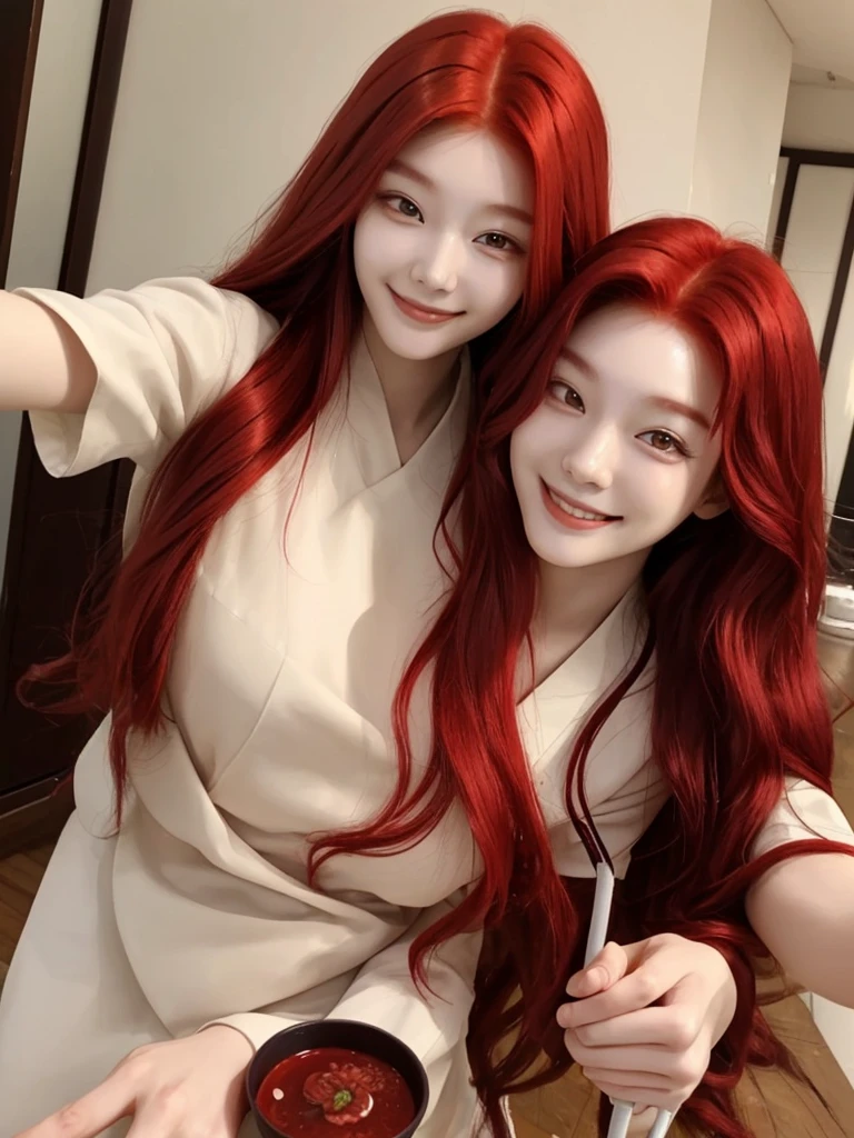 Korean with long red hair, smiling face, Selfie