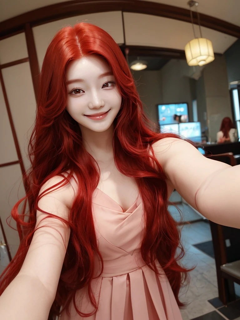  Korean with long red hair, smiling face, Selfie 