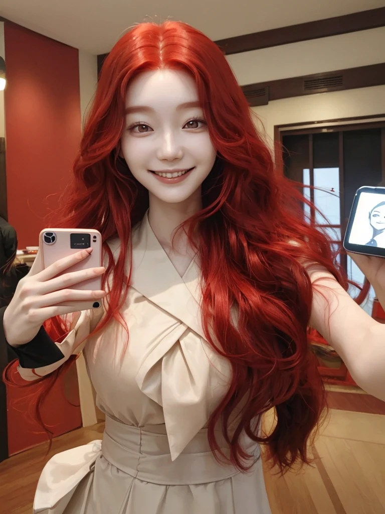 Korean with long red hair, smiling face, Selfie 