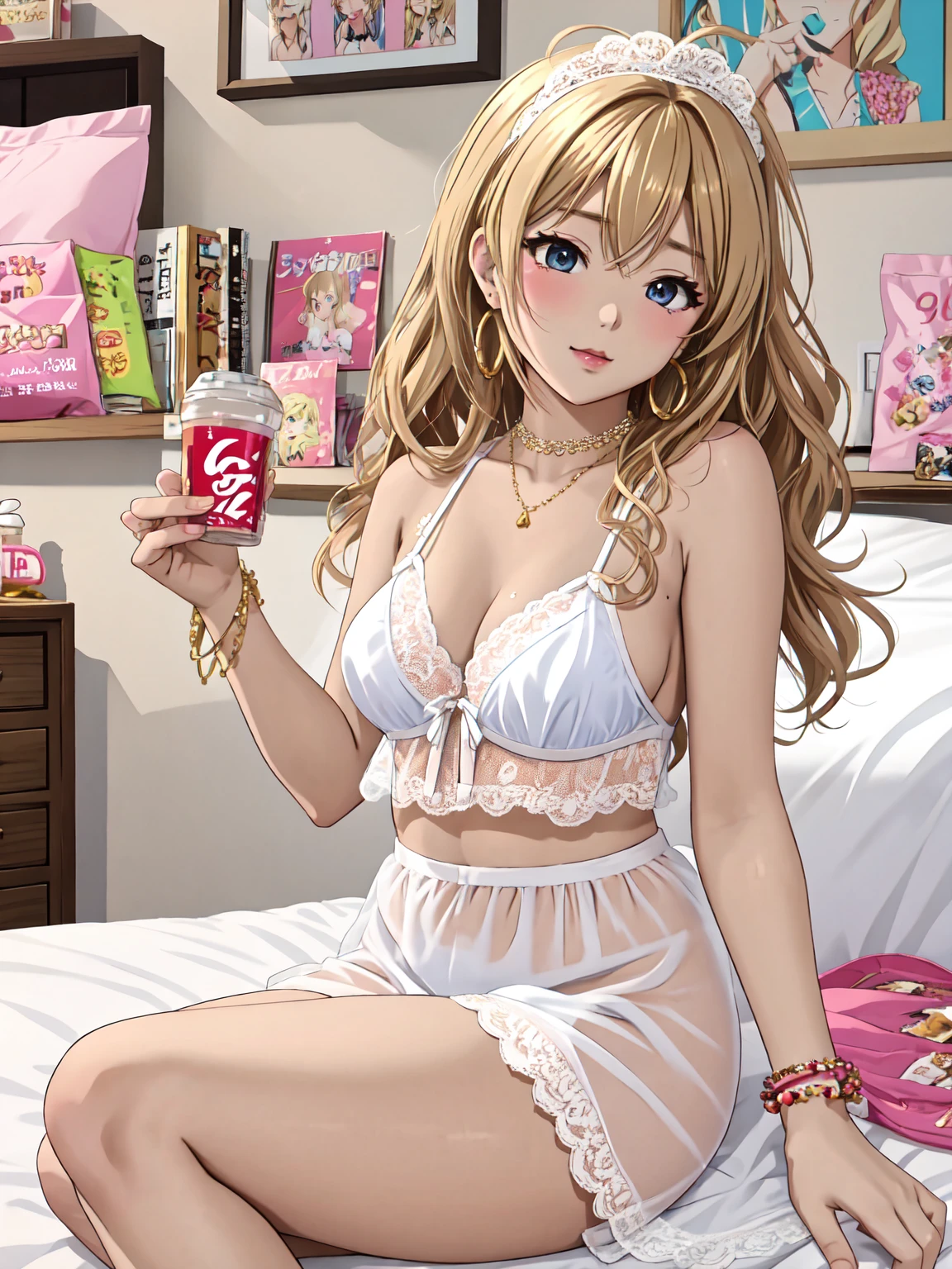 Glamorous gyaru girl from early 2024s Japanese gyaru magazine AGEHA, waking up in the morning with tousled bedhead blonde hair with brown streaks, sleepy but thick heavy eye makeup left over from the previous night out, dark sculpted eyebrows, deeply tanned glowing bronzed skin, wearing a sheer white lace babydoll lingerie top with spaghetti straps showing underboob, and a tiny thong riding low on her hips, large hoop earrings, arm party with bangles and bracelets, sitting on unmade bed surrounded by fashion magazines and empty snack bags, sipping a morning energy drink, in a bright, sunny bedroom setting with posters and decorations showing her gyaru style interests