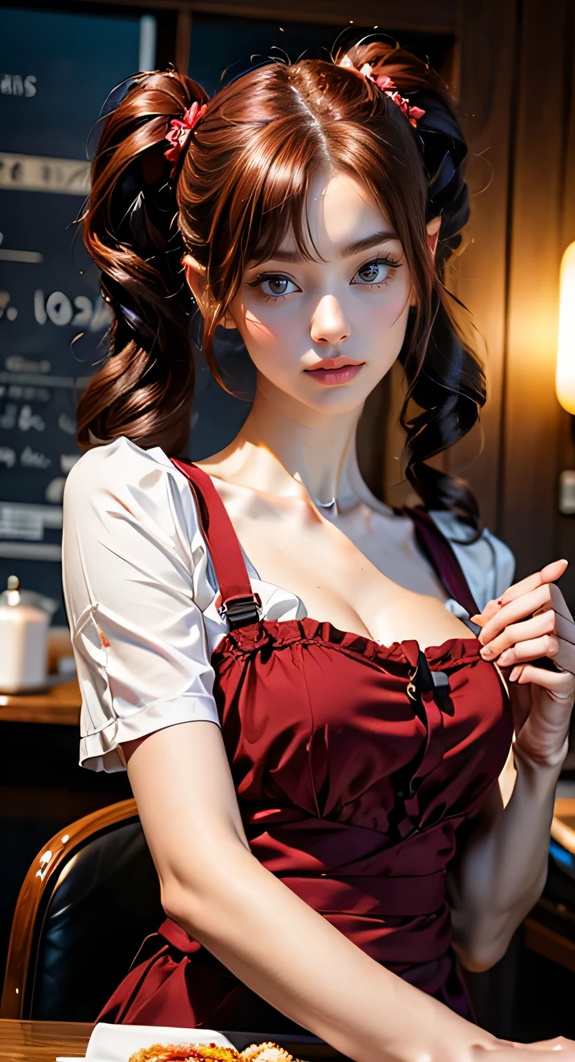 Promotional Photos, The location is a coffee shop, 1 Girl, The face of a , The waitress is bringing the cake to the table, Red hair twin tails, Kind Face, A strawberry-inspired half-gothic lolita and half-maid costume, White-based clothing,