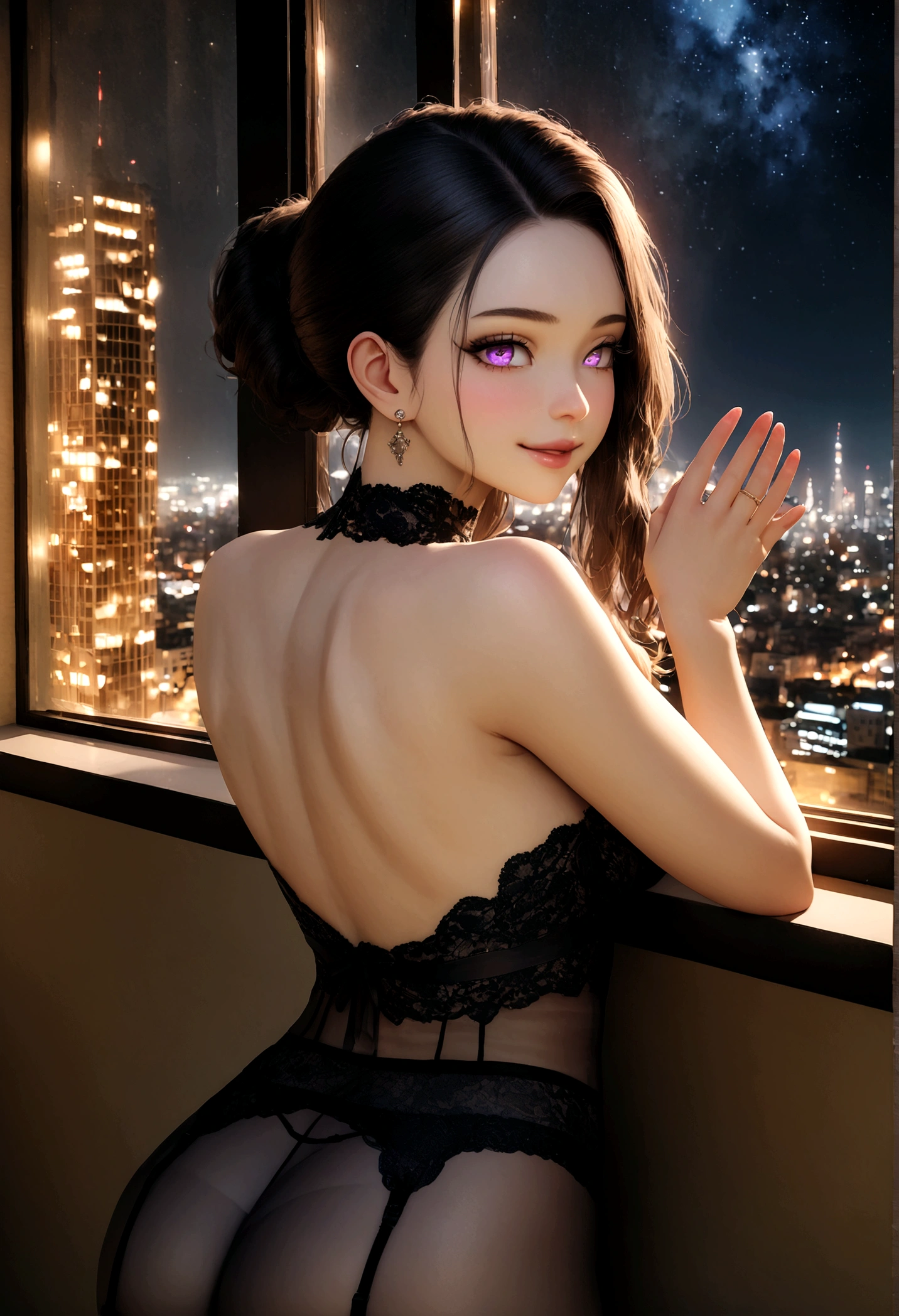 (Professional lighting, 8k, raw photo, photorealistic:1.8, ultra detailed, detailed skin, detailed face, cinematic, detailed background:1.1), (full body shot), BREAK, ( stunningly gorgeous perfect girls standing and looking back:1.4, stunningly beautiful gorgeous perfect face,
 back shot:1.2, :1.5, ashamed:1.35, smiling, wearing backless dress:1.4, :1.7, lace, garter belt :1.1, beautiful , jewelry, accessories, hands on window:1.3), (extremely beautiful face, cute face, MB, chuckle:0.3, detailed eyes, detailed face, models:1.3, beauty), (long hair, updo), BREAK, (inside Luxury hotel room:1.5, indoor :1.5, window, night view:1.5, landscape, skyscrapers:1.5, beautiful lights)