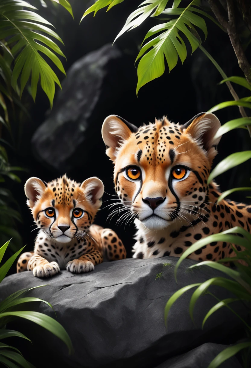 Lush plants，1 cheetah and cub on a rock in the jungle, Deep orange eyes, black and white, black background, (best quality,4K,8K,high resolution,masterpiece:1.2),Extremely detailed,(Practical,photoPractical,photo-Practical:1.37),Highly detailed animal portraits, Dramatic Lighting, Powerful predator, Intense expression, Fascinating eyes, Smooth spotted fur, muscular, Low angle shot, Close-up view, Minimalist composition, High contrast water drops on leaves