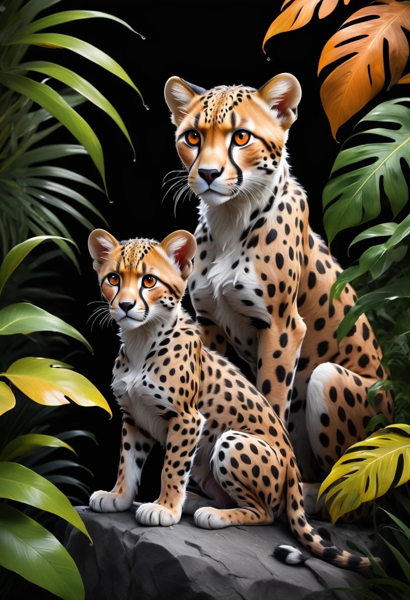 Lush plants，1 cheetah and cub on a rock in the jungle, Deep orange eyes, black and white, black background, (best quality,4K,8K,high resolution,masterpiece:1.2),Extremely detailed,(Practical,photoPractical,photo-Practical:1.37),Highly detailed animal portraits, Dramatic Lighting, Powerful predator, Intense expression, Fascinating eyes, Smooth spotted fur, muscular, Low angle shot, Close-up view, Minimalist composition, High contrast water drops on leaves