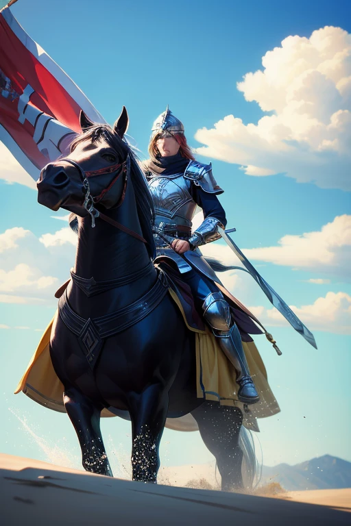 General with a sword,horse riding,Wearing armor,Wearing a helmet,Bloody Sky,In the steppe,banner,Strong wind,A large number of soldiers,