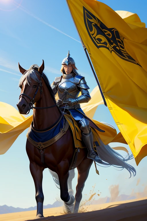 General with a sword，horse riding，Wearing armor，Wearing a helmet，Bloody Sky，In the steppe，banner，Strong wind，A large number of soldiers，
