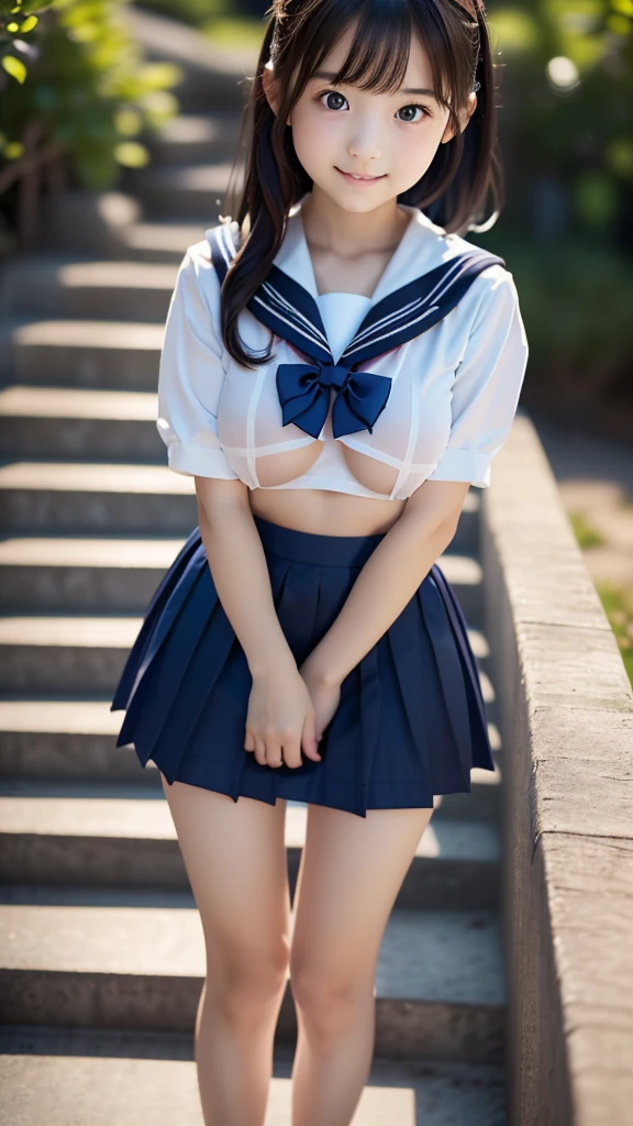 8k UHD、Digital single-lens reflex camera、High resolution、shallow depth of field、Natural light、(((sailor suit)))、(((Dark blue super mini skirt)))、(((full body shot)))、small person、(((young face)))、1 Japanese girl、; beautiful girl、(black hair)、(((brown eyes)))、Glossy skin、smooth thin hair、long hair、detailed background、highly detailed eyes and face、clear eyes、cute smile、Calm atmosphere、(((climb the stairs)))、(((detailed small breasts)))、(((beautiful eyes)))、petya pie、children `s、 thighs)))、(((white panties)))、(((angle from below) ))、(((detailed lips)))、(((The skirt is fluttering)))、beautiful shining legs、((nsfw))