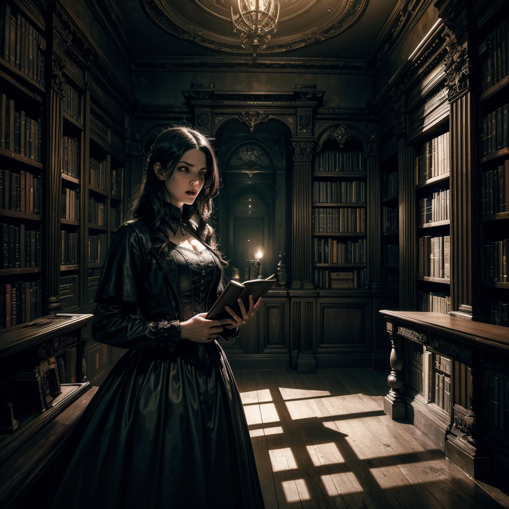 a female ghost in a gothic library, an open book in her hands, mouth open screaming at the camera, hovering near a bookshelf, dark atmospheric lighting,(best quality,8k,highres,masterpiece:1.2),ultra-detailed,(realistic,photorealistic,photo-realistic:1.37),gothic,horror,dark fantasy,dramatic lighting,dramatic pose,ghostly,ethereal,spectral,high contrast,moody,dramatic shadows,bookshelf,old books,eerie,haunting