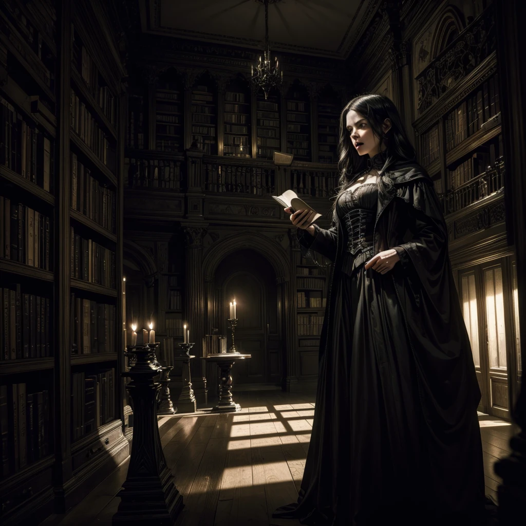 a female ghost in a gothic library, an open book in her hands, mouth open screaming at the camera, hovering near a bookshelf, dark atmospheric lighting,(best quality,8k,highres,masterpiece:1.2),ultra-detailed,(realistic,photorealistic,photo-realistic:1.37),gothic,horror,dark fantasy,dramatic lighting,dramatic pose,ghostly,ethereal,spectral,high contrast,moody,dramatic shadows,bookshelf,old books,eerie,haunting
