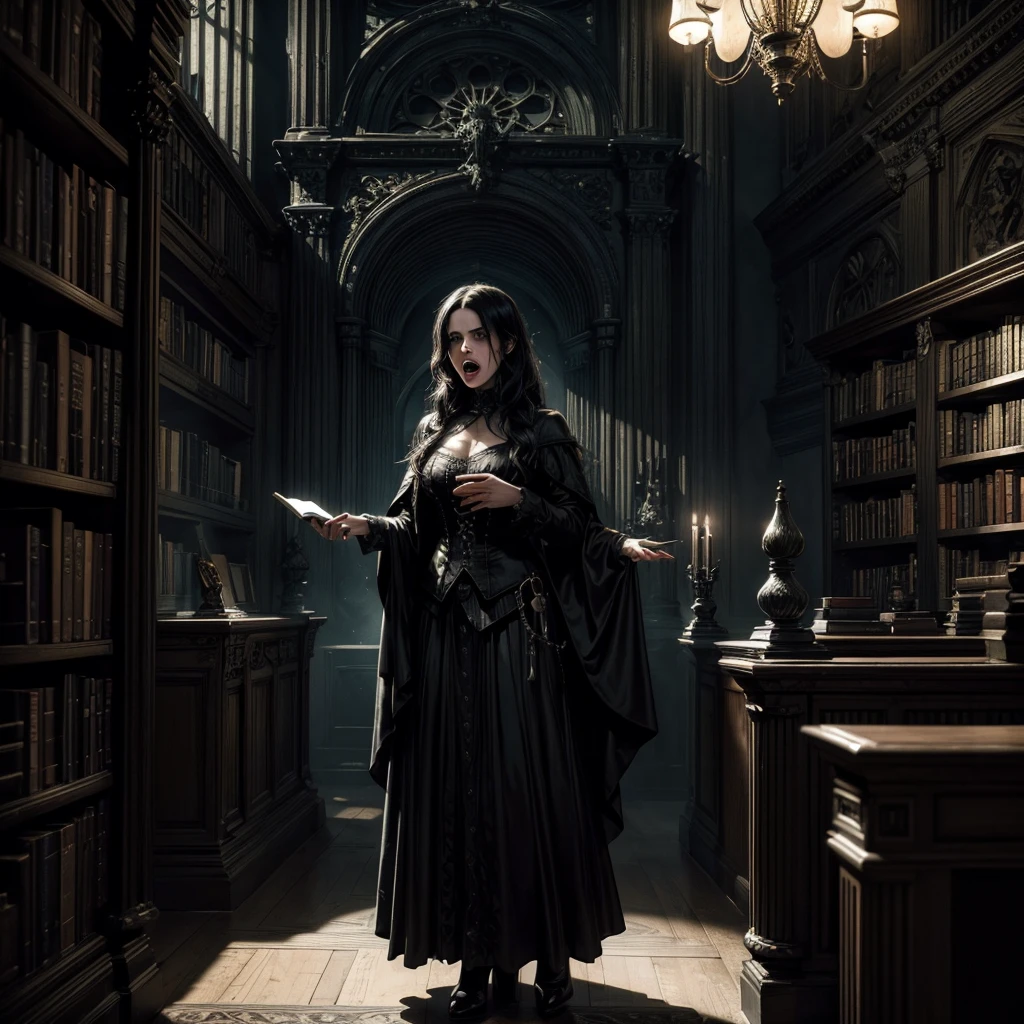 a female ghost in a gothic library, an open book in her hands, mouth open screaming at the camera, hovering near a bookshelf, dark atmospheric lighting,(best quality,8k,highres,masterpiece:1.2),ultra-detailed,(realistic,photorealistic,photo-realistic:1.37),gothic,horror,dark fantasy,dramatic lighting,dramatic pose,ghostly,ethereal,spectral,high contrast,moody,dramatic shadows,bookshelf,old books,eerie,haunting