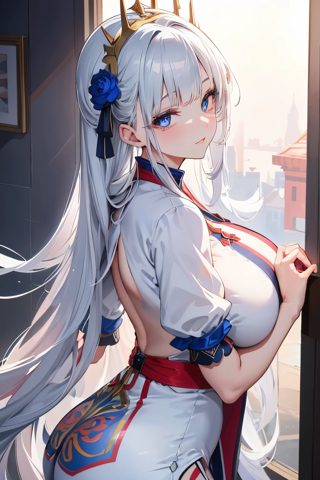 masterpiece, best quality, finely detailed, maximalist, by artgerm, 8k anime artwork, 8k photo, trending on artstation. A 20-year-old, beautifully chubby girl is depicted in a stunning piece of art, her face adorned with strong pink makeup. She wears a striking white and red long and closed qipao, accentuating her figure. Her eyes are a captivating silver blue, detailed and beautiful, with highlighted contours that add depth and allure. Her lips are equally detailed, full and sensual, framed by a subtle, yet evil smile.

Her long silver hair cascades down her back in a breat