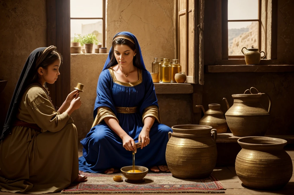 ((widow pouring oil into a vessel beside)), (small  by your side watching), (ancient Middle Eastern village), (widow pouring oil from a jar while Elisha looks on), (biblical narrative moment), (modest home with clay walls and simple furnishings), (soft, natural light filtering through a window), (inspired by Rembrandt), (realistic), (digital painting), (historical scene), (earthy tones with highlights of gold and brown), (high resolution, ultra-detailed), (masterpiece quality)