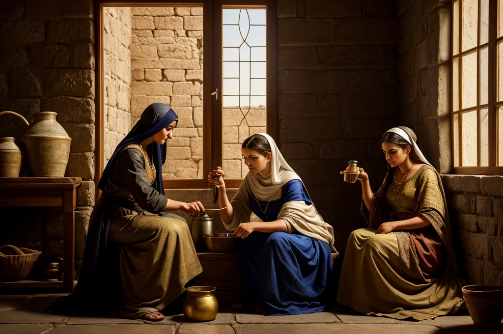 ((widow pouring oil into a vessel beside)), (small by your side watching), (ancient Middle Eastern village), (widow pouring oil from a jar while Elisha looks on), (biblical narrative moment), (modest home with clay walls and simple furnishings), (soft, natural light filtering through a window), (inspired by Rembrandt), (realistic), (digital painting), (historical scene), (earthy tones with highlights of gold and brown), (high resolution, ultra-detailed), (masterpiece quality)